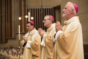 20150909cnsbr0523 1 300x200 - New Auxiliary bishops pray during episcopal ordination at Cathedral of Our Lady of the Angels in Los Angeles.