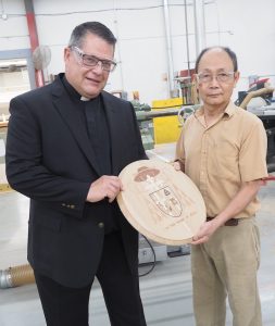 IMG 4847 253x300 - Pieces in place: New coat of arms for cathedra presented to bishop-elect