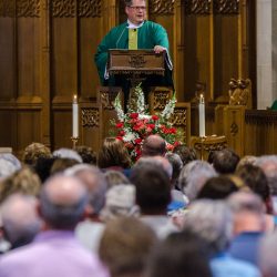 Bishop-elect Douglas J. Lucia offers the homily during his Farewell Mass at Ogdensburg’s St. Mary’s Cathedral July 27. (Photos courtesy the North Country Catholic)
