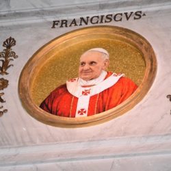 A mosaic portrait of Pope Francis is seen at the Basilica of St. Paul Outside the Walls in Rome. (Sun photo | Katherine Long)